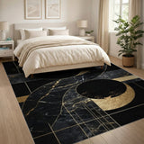 Gold Crescent Moons Black Marble Geometric Area Rug