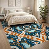 Blue Teal Boho Mandala Area Rug with Orange Accents