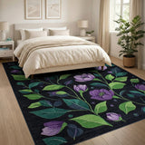 Purple Floral Area Rug with Green Leaves