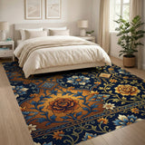 Navy Persian Floral Area Rug with Rose Vines
