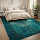 Teal Gold Grid Geometric Area Rug