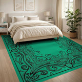 Ornate Teal Floral Frame Area Rug