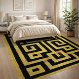Bold Black Yellow Geometric Maze Rug