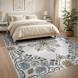 Teal Floral Medallion Border Area Rug
