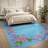 Whimsical Pink Floral Purple Vine Blue Area Rug