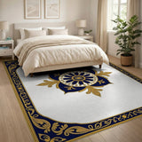Blue and Teal Ornate Navy Blue and Gold Medallion Area Rug