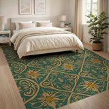 Green Emerald Green Gold Ornate Floral Area Rug