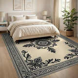 Ornate Black Floral Medallion Rug on Beige