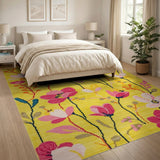 Sunny Yellow Rug with Vibrant Pink Flowers