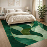 Washable Emerald Green and Gold Abstract Wavy Area Rug, Low Pile Non-Slip