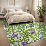 Swirling Green Vines Purple Blue Floral Area Rug