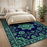 Teal Floral Medallion Navy Area Rug
