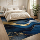 Navy Blue Gold Marble Wave Abstract Area Rug