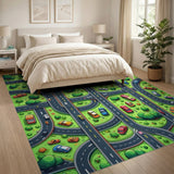Vibrant Cartoon Roads Cars Green Kids Area Rug