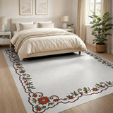 Red Floral Scalloped Border Area Rug