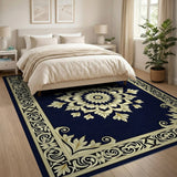 Navy Mandala Area Rug with Ornate Gold Border