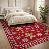 ODIKA Washable Red Christmas Rug - Gingerbread & Snowflake Low Pile Non-Slip Area Rug