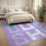 Purple Geometric Letter Rug with Leaves Pink Flower