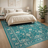 Teal Ivory Floral Persian Area Rug