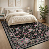 Black Persian Floral Area Rug with Pink Accents