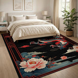 Washable Black Oriental Dragon & Peony Low Pile Area Rug