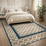 Beige Trellis Area Rug with Navy Border