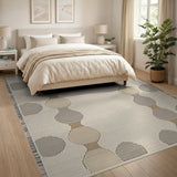 Neutral Beige Grey Circle Motif Fringe Rug