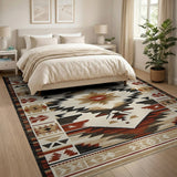 Washable Southwestern Aztec Low Pile Area Rug - Rust & Beige