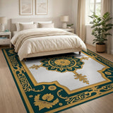 Ornate Gold Emerald Medallion Persian Rug