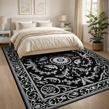 Traditional Persian Black and White Ornate Black White Floral Medallion Area Rug