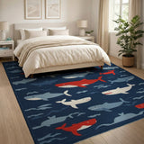 Playful Sharks Whales Navy Kids Area Rug