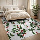 Red Berry Green Leaf Floral Pattern Area Rug