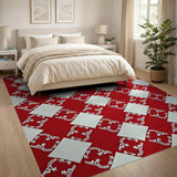 Red Diamond Trellis Area Rug with White Arabesques