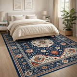 Navy Blue and Teal Navy Persian Floral Medallion Area Rug