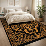 Gold and Silver Ornate Black Gold Floral Medallion Rug