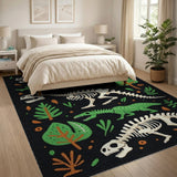 Dinosaur Skeleton Kids Area Rug - Black with Green Foliage