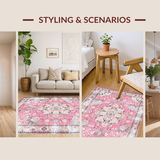 Ultra Soft Area Rug, Non Slip, Stain Resistant, Washable Area Rugs for Living Room, Bedroom, Rustic Pastel Botanical Motif(Pink)