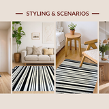 Ultra Soft Area Rug, Non Slip, Stain Resistant, Washable Area Rugs for Living Room, Bedroom, Monochrome Linear Layered Rug with Bold Black and White Contrast Stripes(Black)