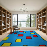 Vibrant Blue Geometric Rug with Red Yellow Blocks
