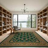 Ornate Green Persian Rug with Gold Vines