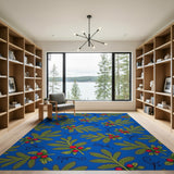 Holly Berry Leaf Vibrant Blue Pattern Area Rug