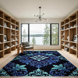 Teal Baroque Damask Area Rug on Navy