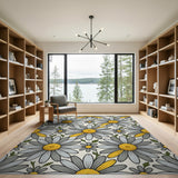 Grey Daisy Yellow Center Floral Area Rug