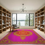 Vibrant Pink Mandala Area Rug with Gold Ornate Borders