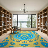 Vibrant Blue Mandala on Sunny Yellow Area Rug
