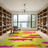 Vibrant Pink Orange Fish on Yellow Area Rug