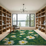 Green Emerald Green Daisy Floral Area Rug
