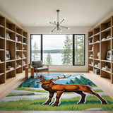Majestic Cartoon Red Deer in Snowy Mountains Rug