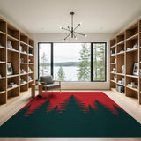 Bold Red Evergreen Forest Silhouette Area Rug