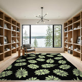 Lime Green Monstera Leaf Area Rug on Black